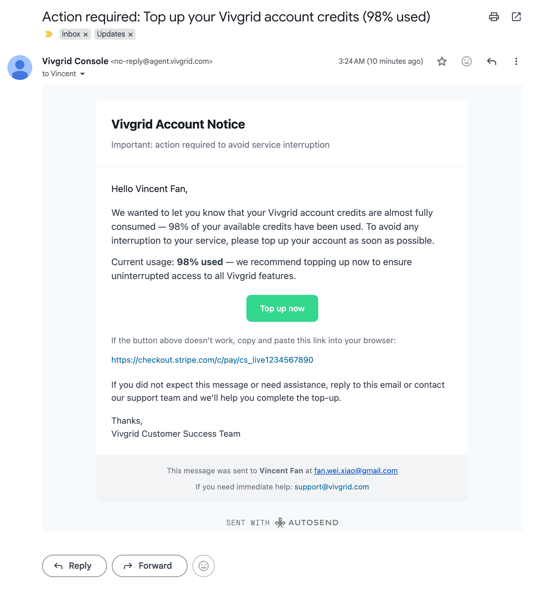 "Send email via Autosend on vivgrid