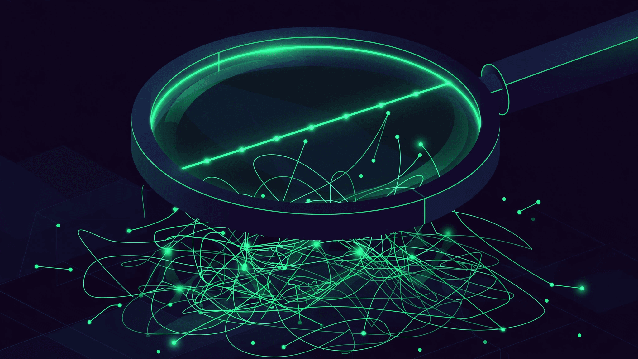 A glowing magnifying lens resolving tangled traces into a clean pipeline — observability motif