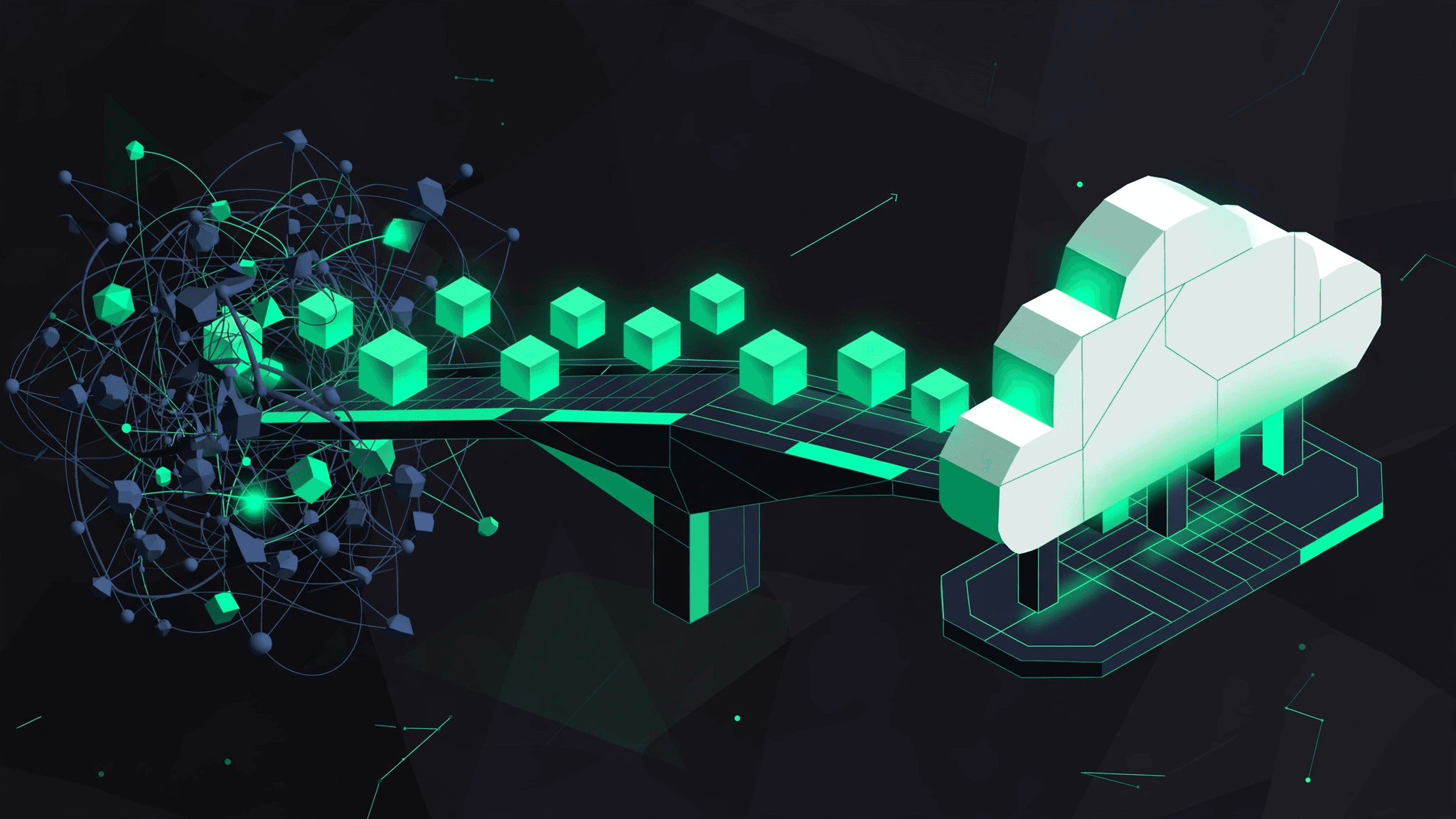 A bridge carrying glowing blocks from a tangled cluster to a clean cloud platform — a migration motif