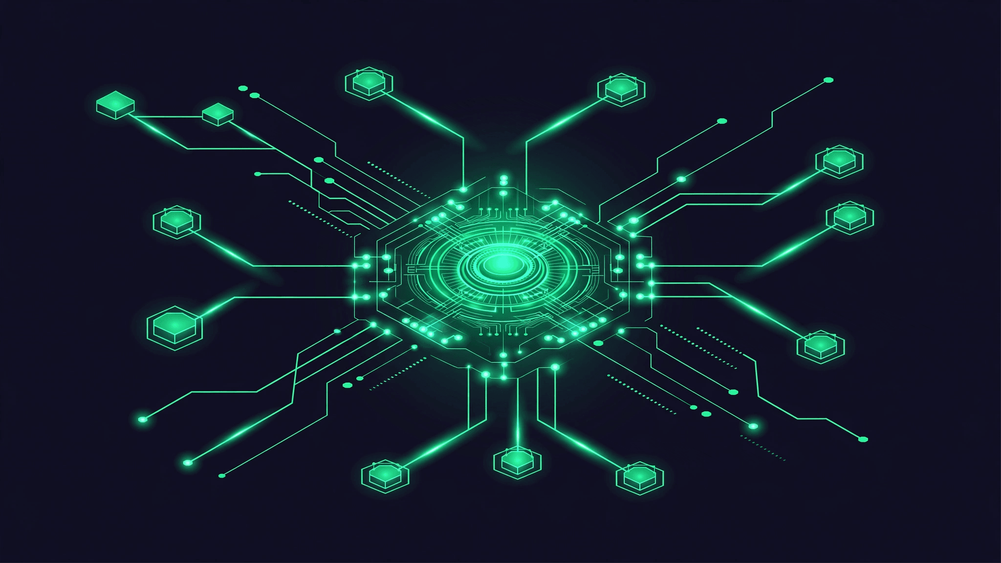 Glowing network routes converging through a central switching core — model routing motif